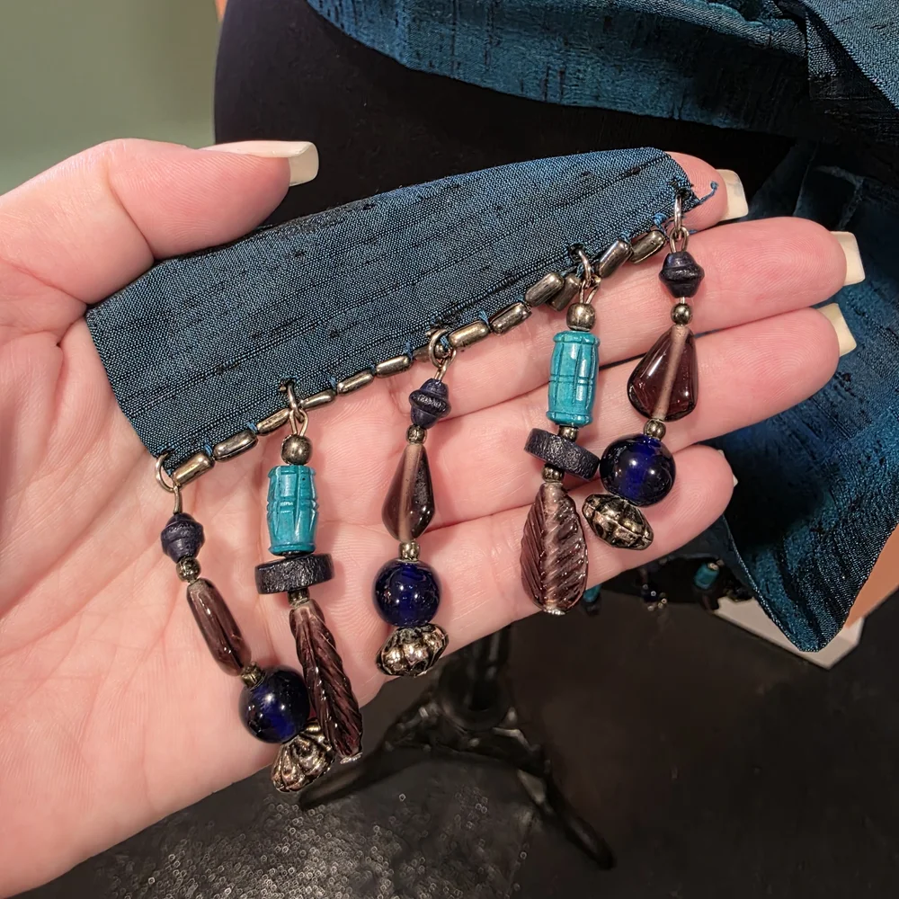 Whimsigoth Vintage Echo Teal Scarf with Beaded Fringe Silk